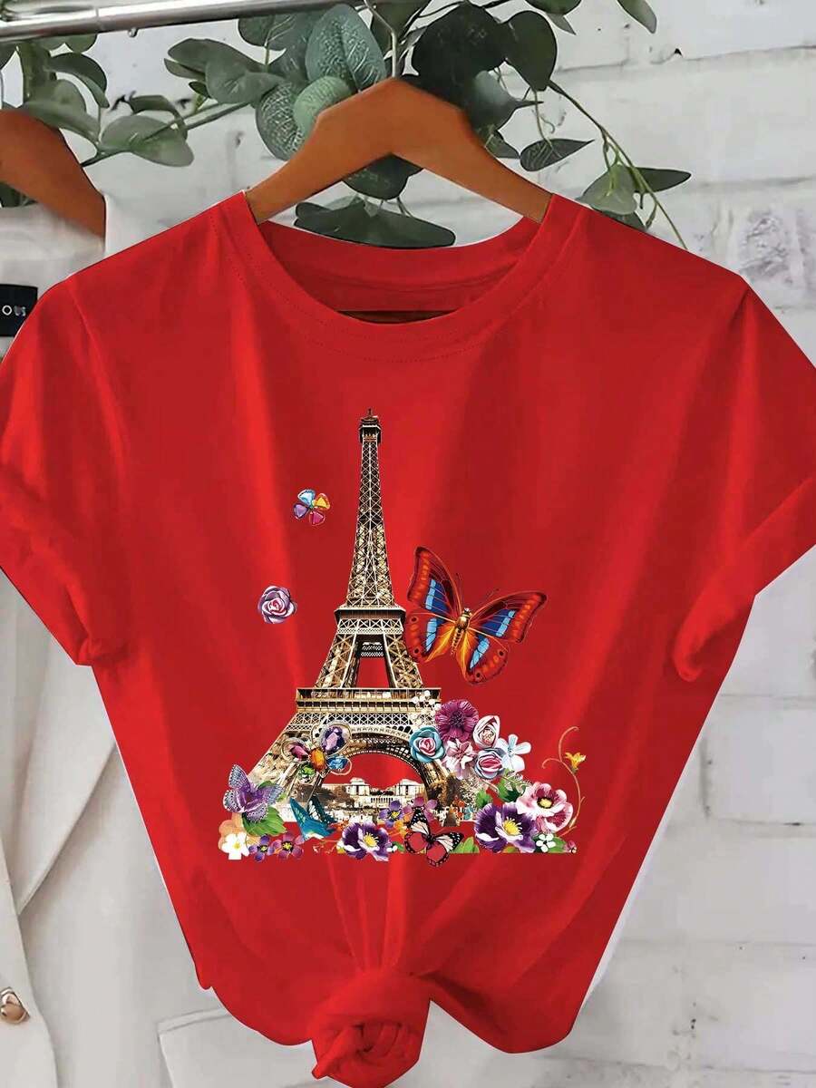 Unisex Size. Plus Size Women's Cotton T-Shirt, Casual Summer Style. Short-Sleeved T-Shirt With Eiffel Tower And Butterfly Design, Round Neck, Regular Length, All-Season Top, Everyday Fashion. | Paris Theme | Butterfly Graphi. Sweat-Absorbing Material, Soft And Skin-Friendly. - 紅色 - 查看 1