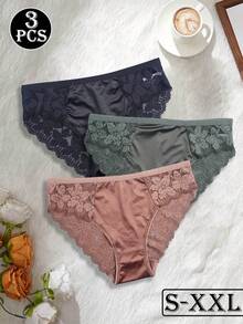 3件組女款蕾絲內褲，花卉刺繡，浪漫舒適，隱形內褲，適合四季穿著 - 彩色 - 查看 6