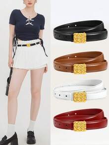Women's Geometric Buckle Belt Leather Waist Belt For Jeans Minimalist Women Leather Belt Simple Thin Waistband For Daily Outfits - New Women's Thin Belt - View 1