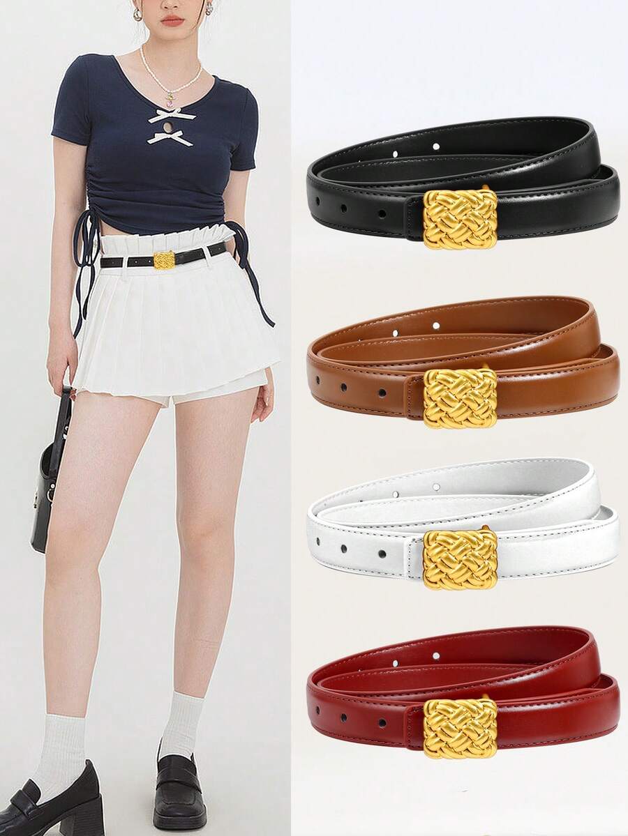 Women's Geometric Buckle Belt Leather Waist Belt For Jeans Minimalist Women Leather Belt Simple Thin Waistband For Daily Outfits - New Women's Thin Belt - View 1