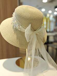 Women's Summer Wide Brim Lace Bow Pearl Straw Hat, Face Slimming Fisherman Hat, Sun Protection And Breathable Sun Hat - Milky White - View 4