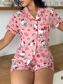 Bộ đồ ngủ 2 món in hình Hello Kitty của Sanrio dành cho nữ, áo tay ngắn cổ chữ V và quần dài thắt nơ, thích hợp cho mùa hè. - Màu Hồng  San hô - Xem 5