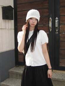 Women's Casual Solid Color Half-Turtleneck T-Shirt, Summer Black - Black - View 8