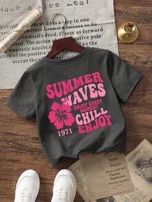Baby Girls' Minimalist Floral & Letter Print Round Neck Short Sleeve Cute Top - Dark Grey - View 3