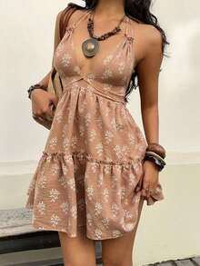 Vestido corto de mujer elegante y casual, versátil para uso diario y vacaciones, con textura de microfloreal de lino, espalda descubierta, cuello halter y lazo, para primavera/verano - Multicolor - Ver 8