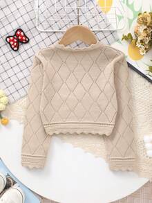 Girls' Spring Elegant Hollow Design Argyle Pattern + Lace Trim Knit Cardigan, Soft And Sweet, Suitable For Daily Wear Or Outings - Khaki - View 6
