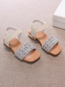 1 Pasang Sandal Tenun Kotak-kotak Berpayet Perak untuk Anak Perempuan, Nyaman dan Tidak Mengiritasi, Pengait dan Perekat yang Dapat Diatur, Desain Ujung Persegi Terbuka, Gaya Mewah Ringan, Sandal Hak Satu Potong, Cocok untuk Pesta Ulang Tahun Anak dan Pemakaian Sehari-hari - Perak - View 4