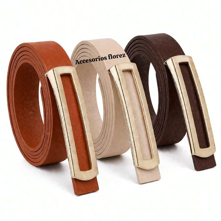 Set Of 3 Fashionable Women's Belts With Gold Buckle - Karamel, Krem, Cokelat - View 1