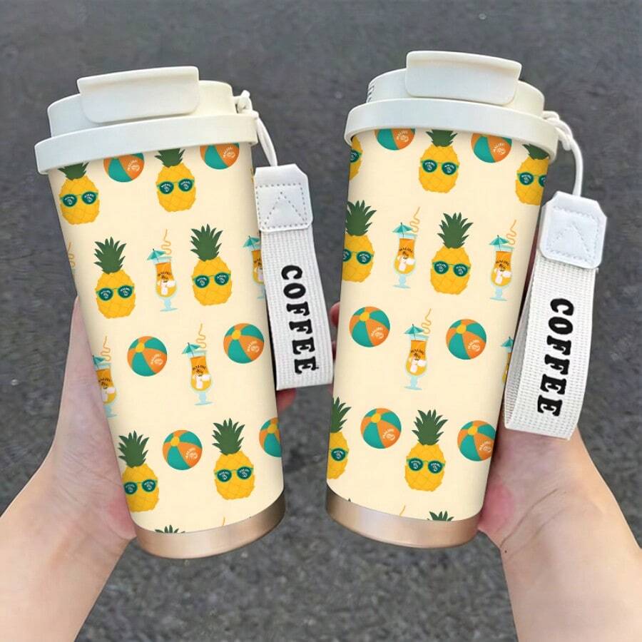 1/5 Pcs 500ml Stainless Steel Insulated Coffee Tumbler, Summer Pineapple Beach Theme. Featuring Cool Pineapple And Tropical Prints, Keeps Drinks Hot Or Cold, Easy To Carry With A Lanyard, Perfect For Commuting, Travel Or Daily Use. Made Of Stainless Steel, It Maintains Your Drink's Temperature For Hours. A Stylish Personal Item Or Thoughtful Gift, Ideal For Summer Vacation Lovers. - Multicolor - Pineapple - View 1