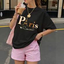 Camiseta negra con estampado de París Romantico para mujer estilo casual verano - Negro - Ver 3