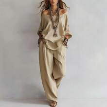 Women's 2 Piece Pants Set, Off Shoulder Loose Fit Top And Wide Leg Pants Casual Minimalist Bohemian Vacation Outfit - 霧霾藍 - 查看 5