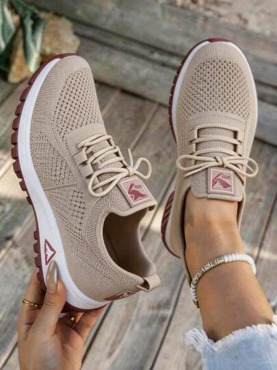 Women's Breathable Knit Walking Sneakers, Lace-Up Lightweight Running Shoes, Non-Slip Cushioned Athletic Trainers For Daily Wear, Gym & Outdoor Activities