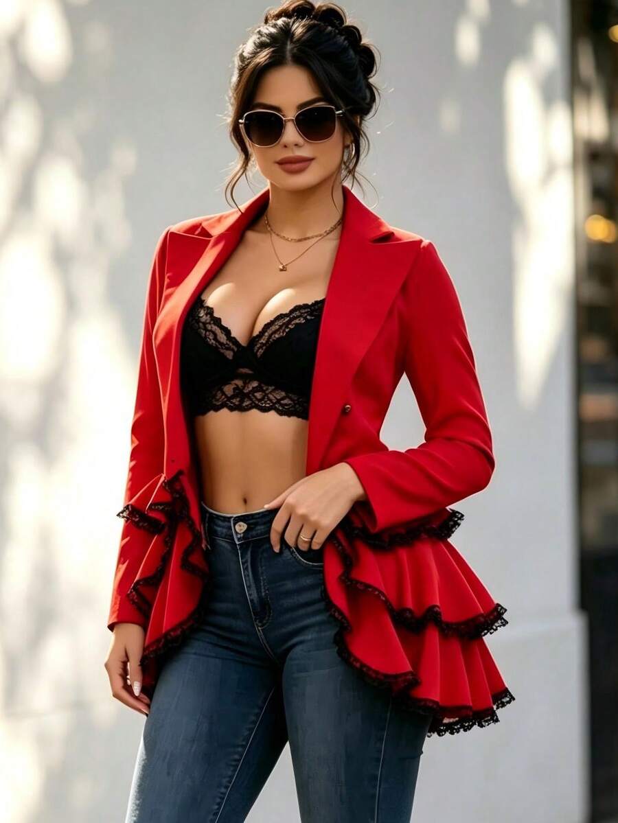 Vintage Victory Gothic Blazer Jacket With Lace Ruffle Hem And Lace Up Corset Back - Red - View 1