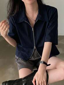 女士复古简约翻领双拉链衬衫，夏季 - 藏蓝色 - 查看 8