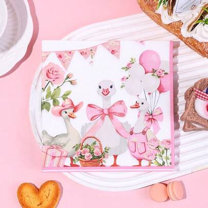 20/40/60Pcs,Pink Rose Bouquet & White Goose Printed Disposable Napkins,Bow Duck Pastoral Style Party Disposable Serviettes,13*13 Inch 2-Ply Thick Cute Animal Print Cocktail Napkins,Ideal For BabyShowers, Birthday Parties,Picnics, Afternoon Tea And Themed Table Decorations