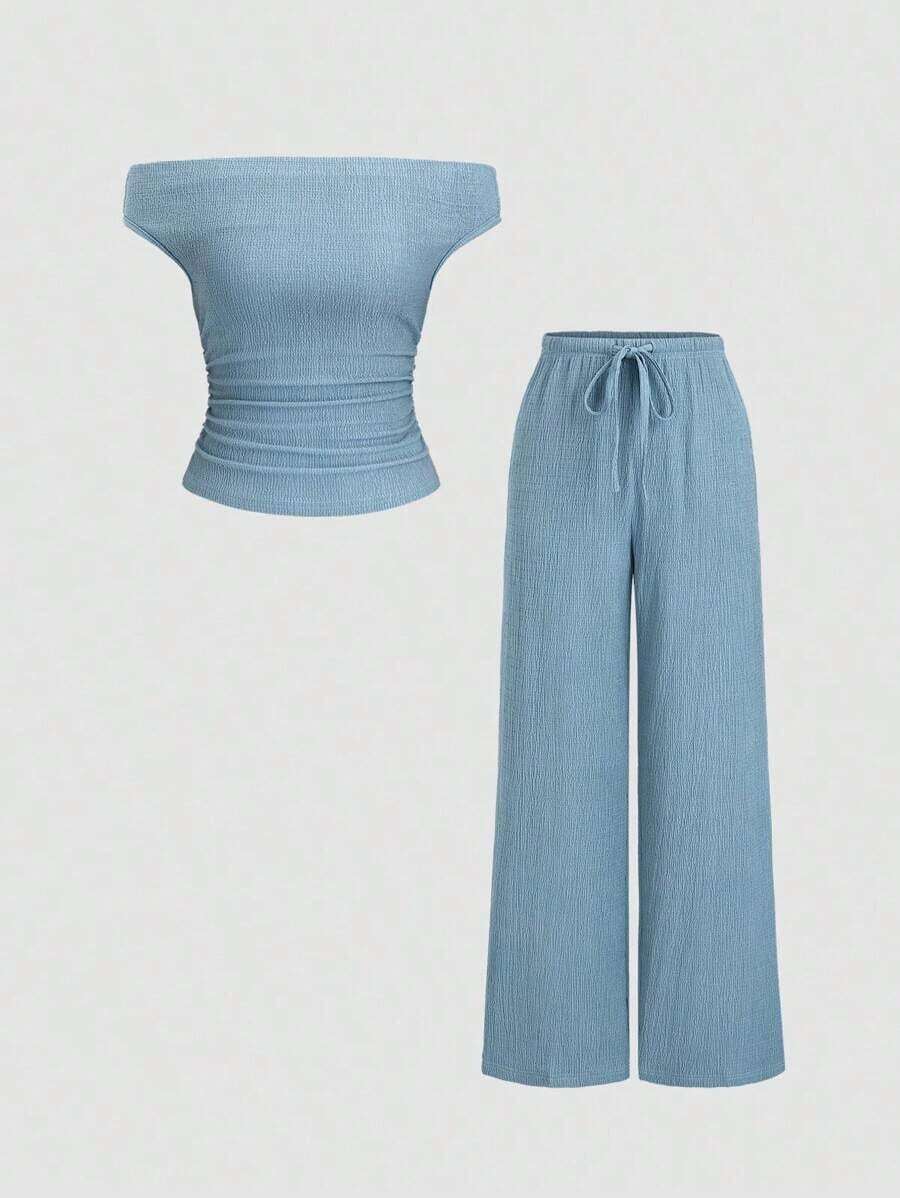 Conjunto Versátil de 2 Piezas para Mujer  Sweetro: Top de Color Sólido con Hombros Descubiertos y Pantalones Anchos Casuales con Cordón Ajustable - Azul - Ver 1