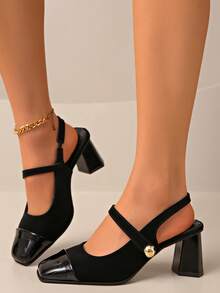 Women's Color Block Mary Jane Slingback Heels, Square Toe Patent & Suede Chunky Block Heel Pumps, Elegant Office & Party Shoes - Black - View 5