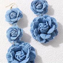 1 Pair Of Handmade Denim Flower Earrings With A Vintage Vibe, Fabric Floral Tassel Earrings, Exaggerated Earrings For Women - Blue - View 4