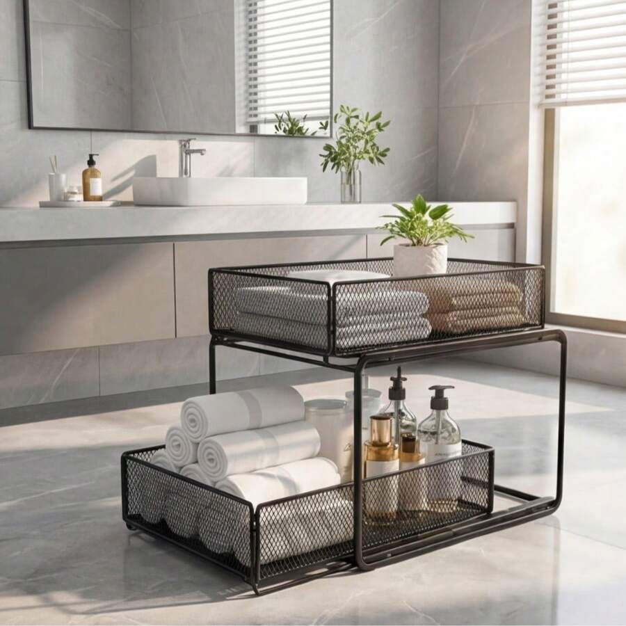 Large 2-Tier Bathroom Storage Rack, Bathroom Shelf Organizer, Shower Storage Holder, Toilet Shampoo Basket, Freestanding Storage Caddy,Multi-Use Metal Mesh Storage Basket - Black - View 1