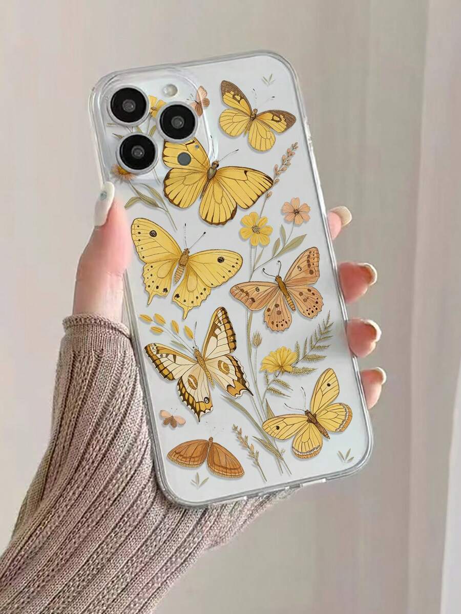 1 pieza Funda de teléfono transparente y suave de TPU con diseño pintado minimalista y de moda con flor amarilla, mariposa y hoja, que protege contra caídas, arañazos y huellas dactilares, y protege la lente de la cámara, compatible con Apple, Nothing, Pixel - Multicolor - Ver 1