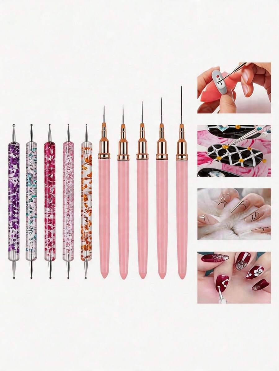 10件套美甲笔套装，包含美甲笔、美甲设计笔、勾线笔、双头点彩笔、UV凝胶美甲设计笔，适用于家庭和专业美甲沙龙。 - 粉色 - 查看 1
