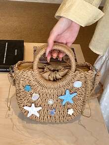 1 pieza de bolso de paja con decoración de conchas marinas y estrellas de mar, mini bolso tejido con cadena desmontable, bolso de playa de verano para mujer, bolso cruzado casual. - Caqui - Ver 4