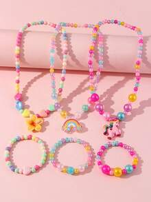 6pcs/Set Kalung & Gelang Liontin Unicorn Bunga Pelangi, Dengan Manik-Manik Warna-warni Acak - MultiWarna - View 2