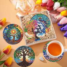 8件套钻石画杯垫套装，圆形闪亮钻石，全套工具，DIY手工制作，减压，创意礼物，适合春节、圣诞节、教师节、乔迁之喜，餐桌和咖啡桌杯垫。 - 彩色 - 查看 4