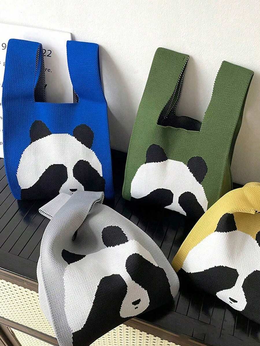 可爱熊猫针织手提包,小熊猫托特包,水桶包,韩版百搭休闲可爱手提包/购物袋,适合户外、旅行、返校、夏季必备、度假、购物、通勤、派对等场合 - 彩色 - 查看 1