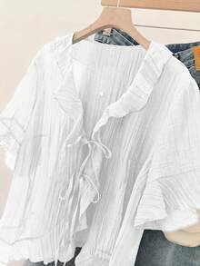 PARARAL 大码女装夏季时尚纯色拼接荷叶边系带透明衬衫 - 女士休闲夏季服装 白色 - 白色 - 查看 4