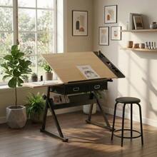 Adjustable Drawing Drafting Table Desk With 2 Drawers For Home Office And School With Stool(Maple) - A - 查看 3
