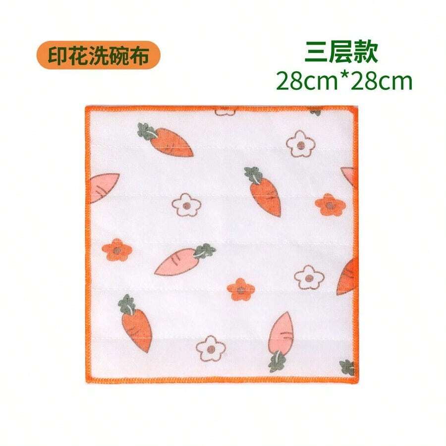 Carefully Selected Thickened Water-Absorbent Printed Cotton Gauze Dishcloth Multi-Layer Dishwashing Towel Oleophobic Cloth Kitchen Special Scouring Pad - 胡蘿蔔印刷 [28*28cm*3層] + 1個裸晶片 - 查看 1