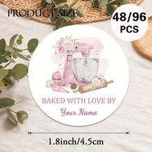 48/96 miếng dán tròn tùy chỉnh "Yêu thích làm bánh", chữ có thể thay đổi, thiết kế với máy trộn màu hồng và dụng cụ làm bánh, thích hợp để đóng gói bánh, sắp xếp nhà bếp, dán nhãn quà tặng, v.v. - trắng - Xem 3