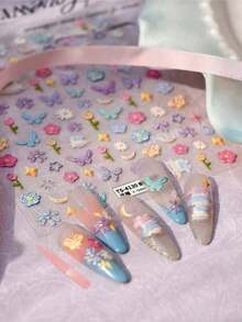 Floral Garden Butterfly Daisy 5D Sweet Star Moon Embossed Decorative Self-Adhesive Nail Stickers - 彩色 - 查看 6