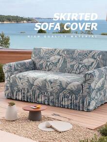 1pc Printed Ruffled Elastic Sofa Cover, Dust-Proof And Dirt-Resistant, Stretch-To-Fit Full Coverage Sofa Protector, Home Decor, Machine Washable - Dusty Blue - View 7