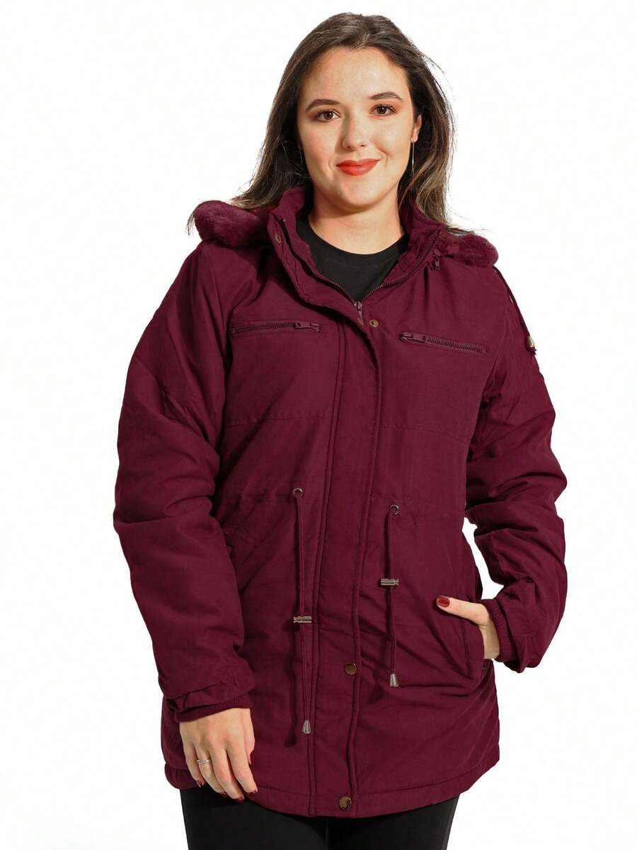 Anistia Women's Parka Jacket, Twill, Fur Lining And Hood - 酒紅色 - 查看 1