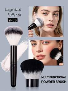 2pcs Black Fluffy Loose Powder Brush, Black & White Ombre Soft Hair Kabuki Brush For Setting, Blush, Highlighter, Contouring, Multi-Functional Makeup Brush - Black - View 9