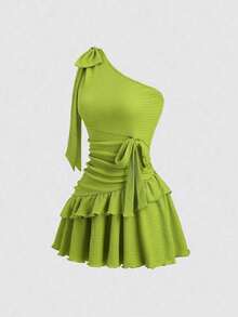 Vestido de gasa plisado con hombro asimétrico y textura, estilo vacacional Y2K sexy - Verde - Ver 7