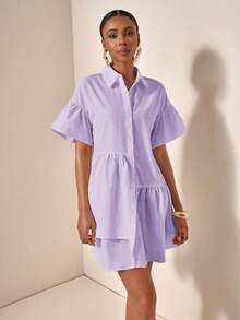Vestido casual de verano suelto y simple con botones en la cintura - Morado - Ver 6
