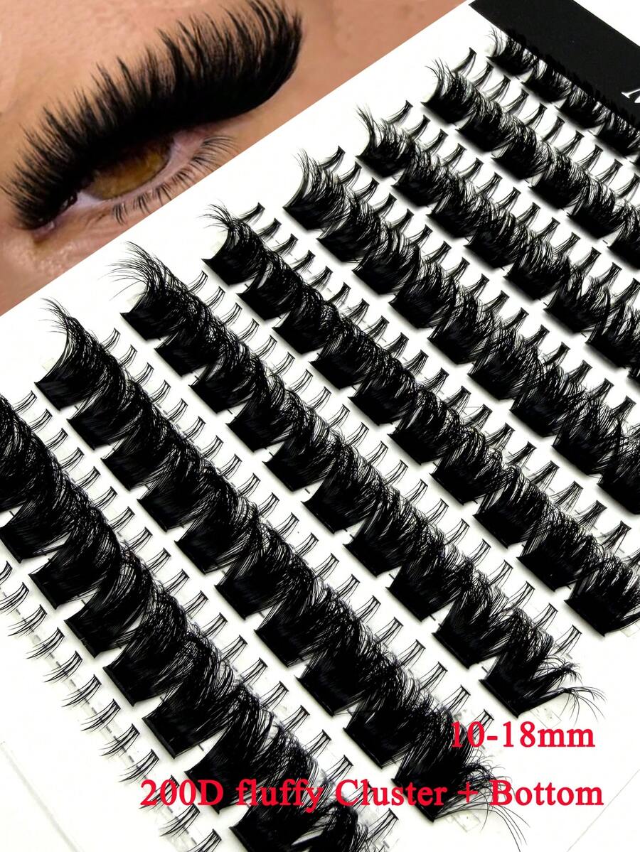 16 Rows Natural Curly Japanese 200D Faux Mink Lash Clusters, Fluffy Lash Clusters With Base, 240pcs Single Lashes, 10-18mm Length, DIY C/D Curl, Home Eyelash Extension - Hitam - View 1