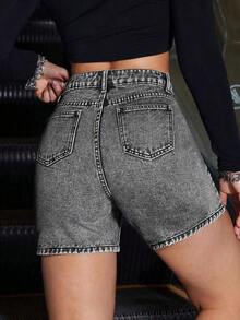 Pantalones Cortos De Mezclilla Para Mujer Con Bolsillos - Gris - Ver 2