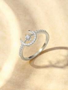 Nhẫn bạc đính đá Cubic Zirconia hình ngôi sao và mặt trăng, trang sức thanh lịch dành cho nữ dự tiệc, dạ hội, đeo hàng ngày, quà tặng lý tưởng cho dịp lễ. - Bạc - Xem 2