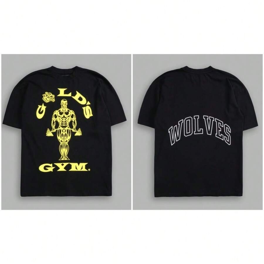 Darcsport&Gold's Gym Co-Branded Soft Cotton Men's And Women's Sports Fitness T-Shirt Breathable Short-Sleeved Printed T-Shirt - Black and Yellow - View 1
