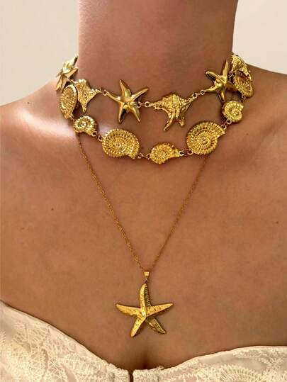 1pc Fashionable 18K Gold Stainless Steel Seashell & Starfish Design Layered Necklace, Waterproof For Beach & Holiday Wear