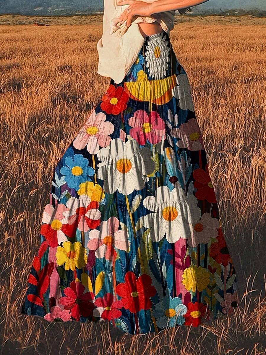 大尺碼女款優雅花卉印花層次裙,適合春、夏、秋季穿著,復古花卉印花圖案辦公裙度假款 - 紅色 - 查看 1