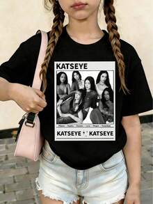 Girl's Clothing, KATSEYE English Street Pattern Printed T-Shirt - Casual Round Neck, Short Sleeved, Washable - Spring/Summer/Autumn, Fashionable, Streetwear - 黑色 - 查看 1