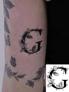 1pc Nature-Inspired Vine & Letter Temporary Tattoo, Niche Elegant Artistic One-Time Tattoo Sticker,Sketch Style - Black - View 6
