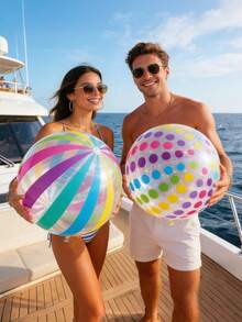 Ballon de plage gonflable à pois & rayures - Fabriqué en matériau PVC durable, ce ballon de plage d'été présente un design ludique avec des pois et des rayures arc-en-ciel. Idéal pour les décorations de fête à la piscine et les jeux d'eau - multicolore - Voir 3