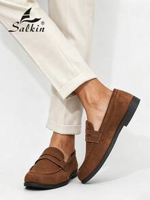 Salkin Luxury Men's Penny Loafers, Solid Color Faux Suede Casual Leather Shoes, Affordable Luxury For Modern Living, Soft Comfortable Breathable Non-Slip Wear-Resistant Sole, Fashionable Elegant Gentleman Social Shoes, Versatile For Suits, Students, Graduation, Preppy Style, Business Formal, Office, Party, Banquet, Wedding, Groom Shoes, Spring Summer Autumn, Size Runs Large, Recommend Choosing One Size Smaller - Mocha Brown - View 6