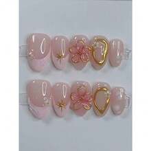 10pcs Pink Gilded Floral Y2K Style Nail Stickers, Almond-Shaped Short French Soft Girl Cute Tiny Flower Nail Art, Minimalist High-End Handmade Nail Decals, Suitable For Daily Wear, Press-On Nails, Nail Art Supplies Handmade Press On Nails - 粉色 - 查看 2